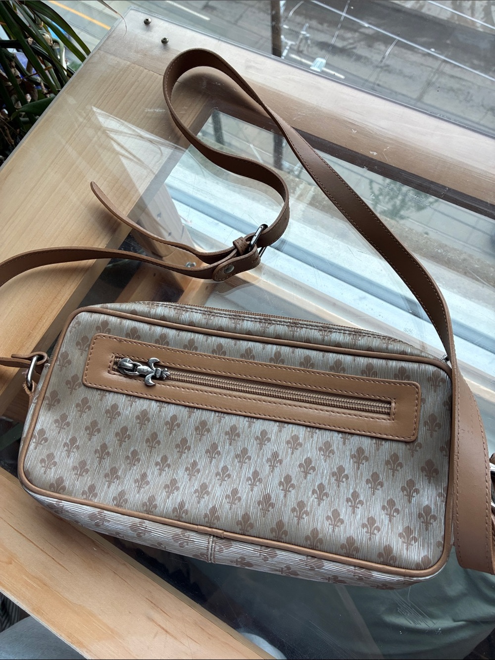 Patrick Cox Vintage Fleur de Lis Monogram Leather Crossbody Bag Italy